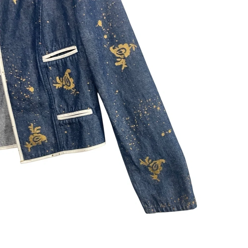 Howard Wolf Vtg Denim Cropped Blazer Jacket Gold Paint Splatter Floral Size 8 - Picture 4 of 9